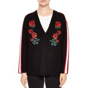 Sandro Indira Floral Rose Embroidered V Neck SweaterOversize Top Stretch Boxy M
